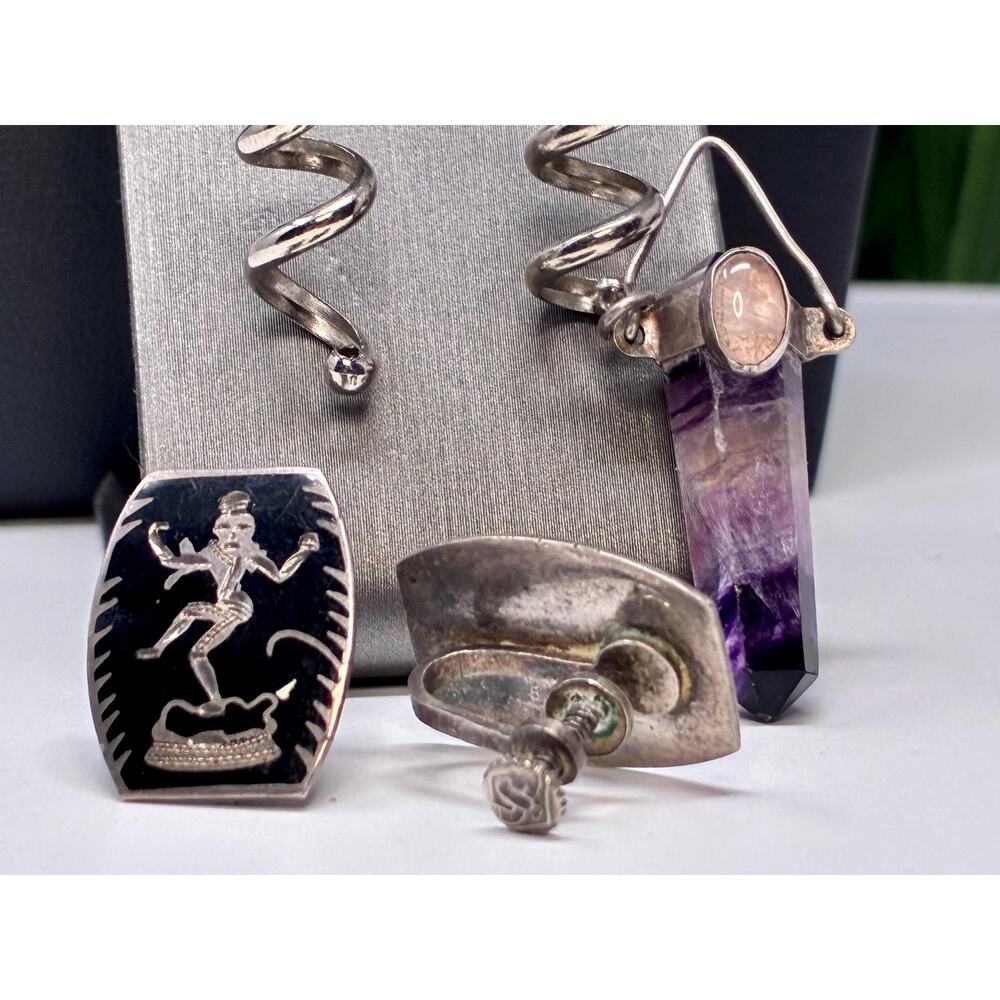 Vintage Sterling Silver Earring Lot-Spiral Drop, Amethyst Tribal Figural Designs